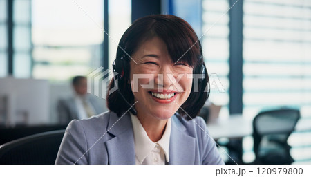 Business, woman and portrait with mic for call center, telemarketing and support for customer service. Japanese, female person and mature agent with headset for listening, smile and career in office Business, woman and portrait with mic for call center, telemarketing and support for customer service. Japanese, female person and mature agent with headset for listening, smile and career in office 120979800