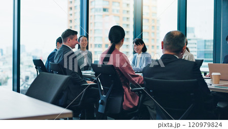 Employees, finance and office meeting for feedback, communication and teamwork in Japan. Business people, investment report and workplace for briefing, revenue project and brainstorming development 120979824