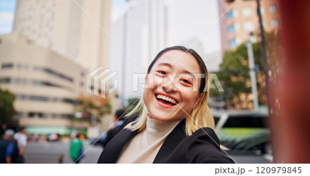 Happy woman, portrait and selfie in city for business, travel and excited for career opportunity in Tokyo. Japanese person, smile and outdoor in town with network, social media and profile picture 120979845