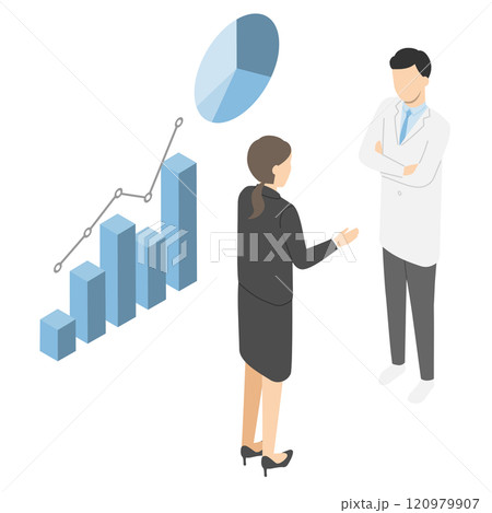 白衣の男性にグラフの説明をする会社員女性 120979907
