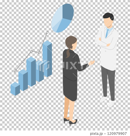 白衣の男性にグラフの説明をする会社員女性 120979907