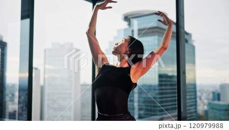 Woman, dancer and practice performance in dance studio, professional and rehearsal for theatre. Female person, creative art and learning choreography for show in city of Japan, talent and technique 120979988