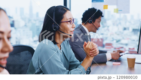 Mature, female person and headset as customer service in crm, feedback or help desk as consultant. Call center, microphone and Japanese woman in agency in coworking space, technical support or advice Mature, female person and headset as customer service in crm, feedback or help desk as consultant. Call center, microphone and Japanese woman in agency in coworking space, technical support or advice 120980010