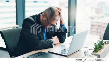 Fail, investment or businessman on laptop with loss, worry and anxiety for tax crisis or bankruptcy. Stress, frustrated or overwhelmed mature Japanese boss in office for deadline, mistake or pressure 120980022