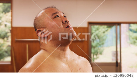Athlete, man and exercise for sumo, training and fatigue with exhausted, breathing and break in Japan. Fitness, tired and sports in dohyo for practice, workout and wrestling with bruise or recovery Athlete, man and exercise for sumo, training and fatigue with exhausted, breathing and break in Japan. Fitness, tired and sports in dohyo for practice, workout and wrestling with bruise or recovery 120980048