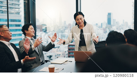 Asian woman, laptop and presentation with applause for meeting, congratulations or thank you at conference. Japan, female person or speaker with employees clapping for good job or speech in boardroom Asian woman, laptop and presentation with applause for meeting, congratulations or thank you at conference. Japan, female person or speaker with employees clapping for good job or speech in boardroom 120980118