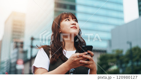 Woman, thinking and phone for travel in town, trip and online map for navigation in city. Female person, location and explore internet for direction in Japan, contemplating route and plan commute Woman, thinking and phone for travel in town, trip and online map for navigation in city. Female person, location and explore internet for direction in Japan, contemplating route and plan commute 120980127