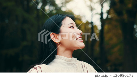 Japanese woman, thinking and outdoor with smile, confidence or pride in garden or park. Female person, happiness and biology student at university for relax, ideas or planning as gen z in countryside Japanese woman, thinking and outdoor with smile, confidence or pride in garden or park. Female person, happiness and biology student at university for relax, ideas or planning as gen z in countryside 120980175