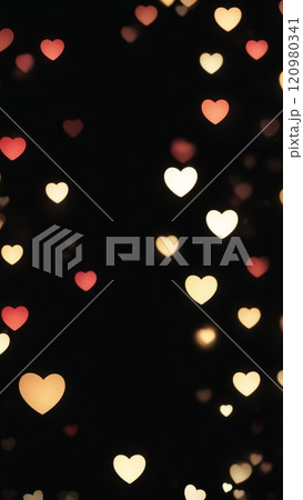 Glowing heart shaped bokeh lights in red and yellow tones on a dark background. Romantic abstract design with copy space 120980341