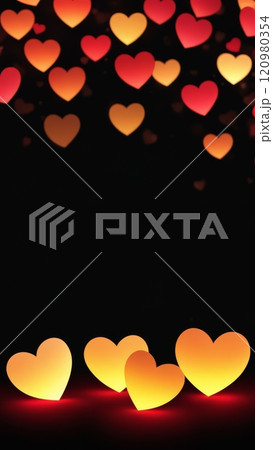 Glowing red and yellow heart shapes with soft lighting on a dark background. Romantic Valentine's Day concept or love-themed design element 120980354