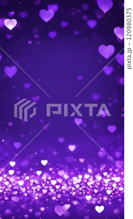 Purple background with glowing pink and violet heart-shaped bokeh lights. Romantic design with copy space for celebration themes 120980375