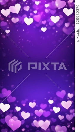 Glowing pink and purple heart shapes on a gradient purple background with bokeh effects. Vertical design with copy space 120980376