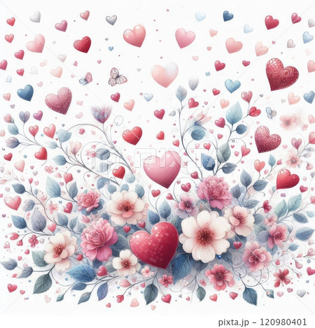 Heart and floral composition with pink and red flowers and leaves on a white background. Valentine's Day design for greeting cards and decoration in watercolor style 120980401