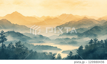 霧に包まれた山々と川の風景 120980436