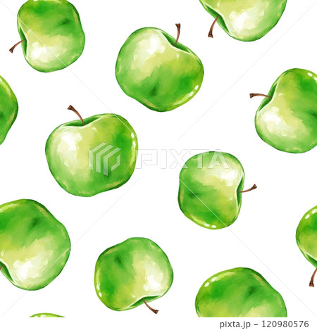 Green apples seamless pattern on the white background. Hand drawn fruit print graphic 120980576
