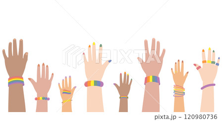 Diverse hands raising with pride accessories and symbol flat illustration Diverse hands raising with pride accessories and symbol flat illustration 120980736