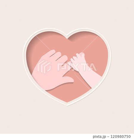 Hand of baby holding big finger of mother in heart shaped paper art Hand of baby holding big finger of mother in heart shaped paper art 120980750