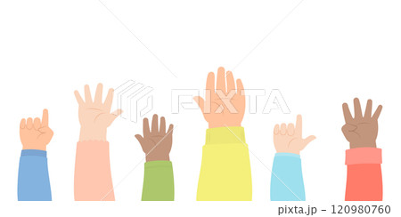 Hands of deverse kids raising front side Hands of deverse kids raising front side 120980760