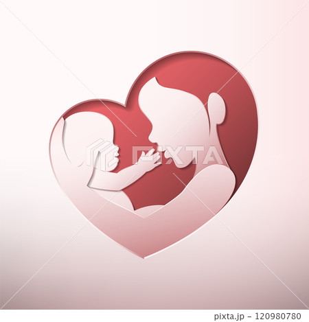Mother holding baby in heart shaped silhouette paper cutting art 120980780