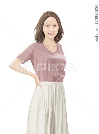 腰に手を置く笑顔の大人女性イラスト 120980859