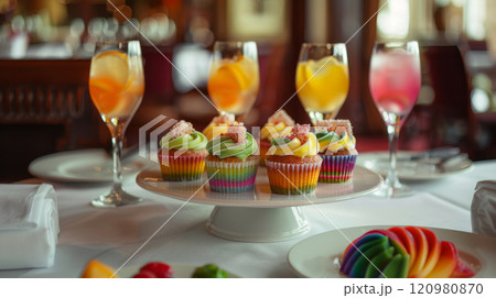 beautifully set dining table in a cozy restaurant environment. The centerpiece of the table is an assortment of rainbow-themed cupcakes arranged elegantly on a pristine white platter 120980870