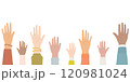 Hands of diverse people raising front side 120981024
