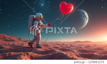 Astronaut walking on Mars holding a red heart-shaped balloon with the Earth and stars visible in the background 120981235