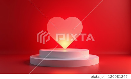 Red heart shape illuminated on a white podium against a vibrant red background. Minimalist 3D mockup design for romantic and festive themes, copy space Red heart shape illuminated on a white podium against a vibrant red background. Minimalist 3D mockup design for romantic and festive themes, copy space 120981245
