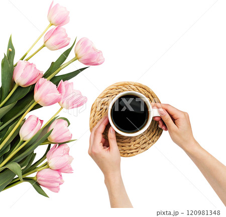 coffee with pink tulips on white background 120981348