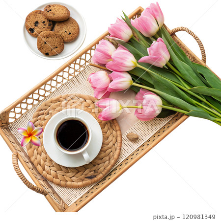 coffee with pink tulips on white background coffee with pink tulips on white background 120981349