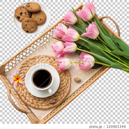 coffee with pink tulips on white background coffee with pink tulips on white background 120981349