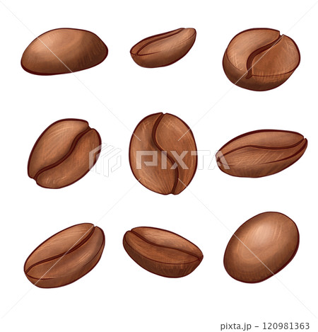 A collection of hand-drawn coffee beans with realistic textures and rich brown tones. Illustration showcasing individual coffee bean shapes and natural variations. Perfect for specialty cafe visuals A collection of hand-drawn coffee beans with realistic textures and rich brown tones. Illustration showcasing individual coffee bean shapes and natural variations. Perfect for specialty cafe visuals 120981363