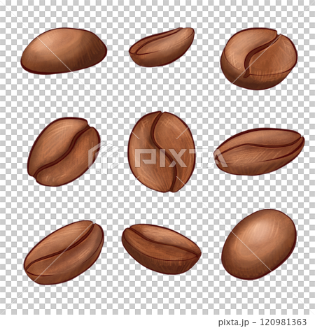 A collection of hand-drawn coffee beans with realistic textures and rich brown tones. Illustration showcasing individual coffee bean shapes and natural variations. Perfect for specialty cafe visuals 120981363