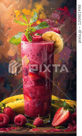 Chilled Fresh Fruit Blend with Banana, Strawberry, Raspberry, Yogurt, and Ice Chilled Fresh Fruit Blend with Banana, Strawberry, Raspberry, Yogurt, and Ice 120981498