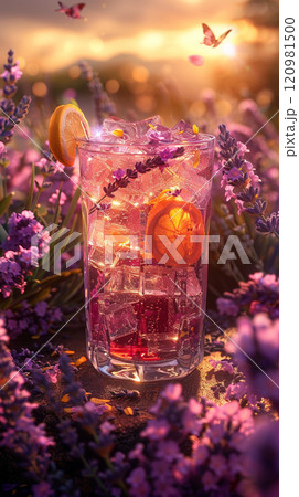 Lavender Lemonade with Floating Lavender Petals and Lemon Zest 120981500