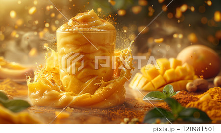 Magical Mango Lassi Floating with Swirls of Mango Puree and Yogurt 120981501