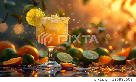 Non-Alcoholic Margarita Hovering Gracefully with Lime Slices and Orange Zest 120981502