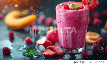 Close-Up of a Fruit Smoothie with Banana, Strawberry, Raspberry, Yogurt or Juice, Served Chilled with Ice 120981544