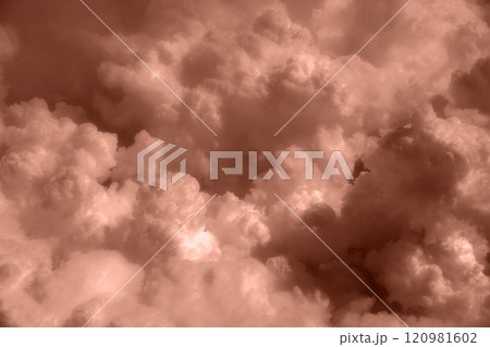 Banner. Color of the year, 2025, mocha mousse,. Sky cloudy background, dark clouds for rainy weather and sad mood 120981602