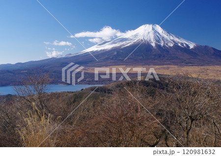 石割山から望む冬の山中湖と富士 120981632