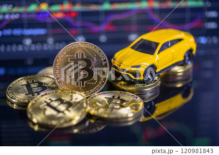 Bitcoin and car model with graph background Bitcoin and car model with graph background 120981843