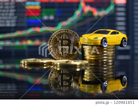 Bitcoin and car model with graph background 120981851