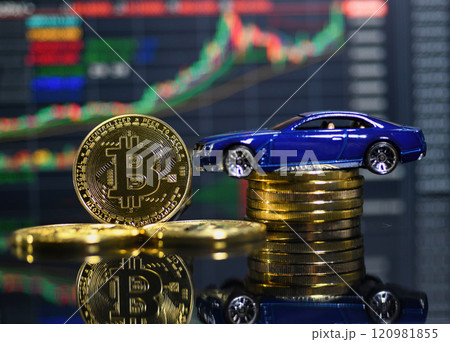 Bitcoin and car model with graph background Bitcoin and car model with graph background 120981855