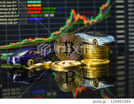 Bitcoin and car model with graph background 120981884