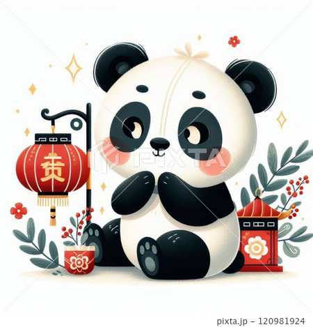 Adorable panda with Chinese lanterns and festive decor. Cartoon illustration for Lunar New Year celebration and cultural themes on white background 120981924