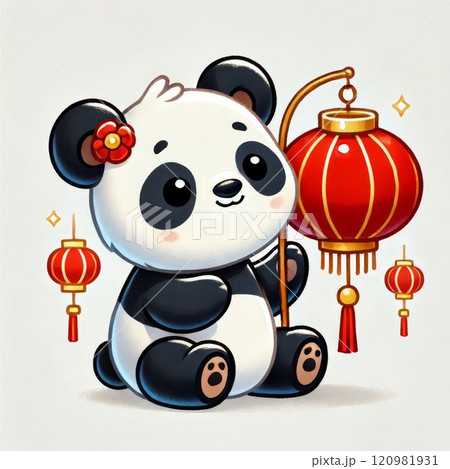 Adorable panda with Chinese lanterns and festive decor. Cartoon illustration for Lunar New Year celebration and cultural themes on white background 120981931