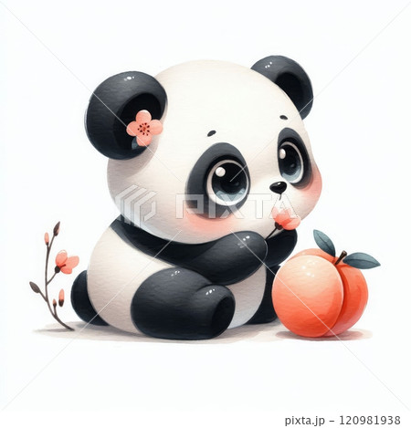 Cute panda holding a peach and cherry blossom flower on a white background. Watercolor illustration for design and print 120981938