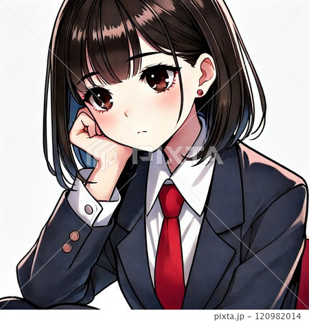 目を閉じてため息をつく女性 120982014