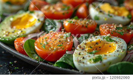 A fresh avocado and egg salad with ripe avocado slices, halved boiled eggs, spinach, cherry tomatoes, and red onion, tossed in lemon juice and olive oil 120982060