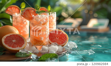 A poolside table with glasses of grapefruit mint fresh juice, each garnished with mint leaves and a slice of grapefruit A poolside table with glasses of grapefruit mint fresh juice, each garnished with mint leaves and a slice of grapefruit 120982084
